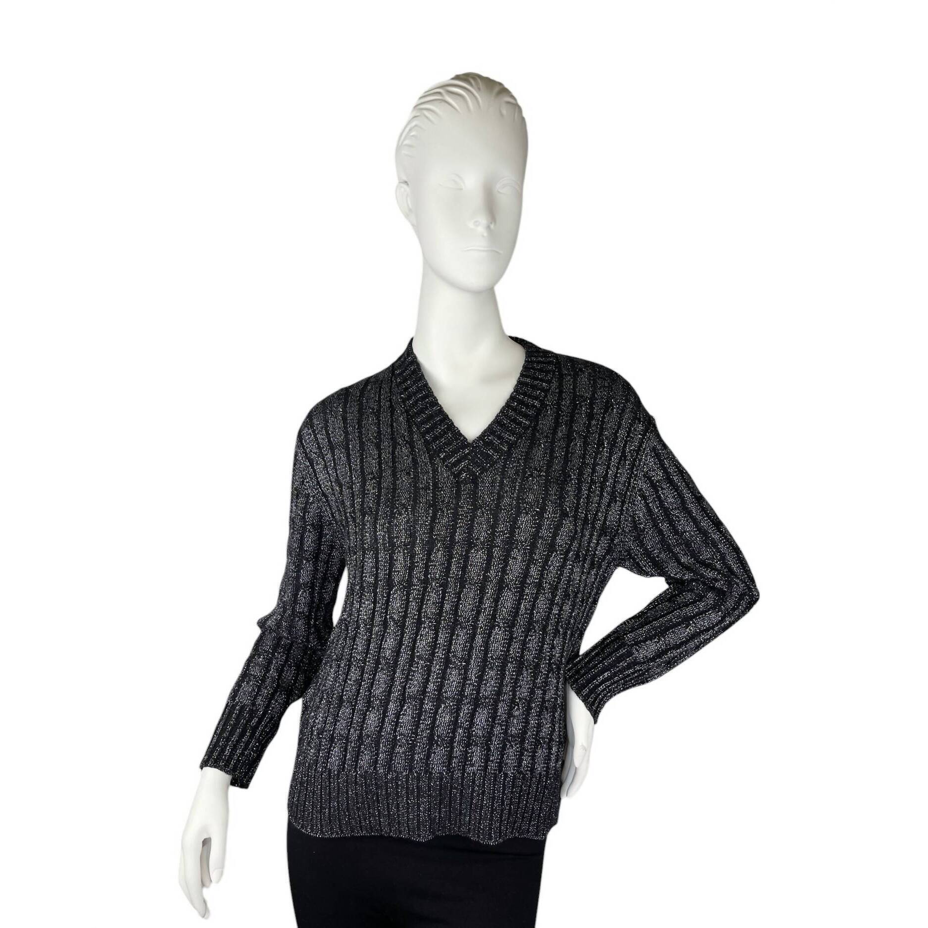 New Alashan Cashmere Hazel Lurex Cable V Neck Sweater In Ebony